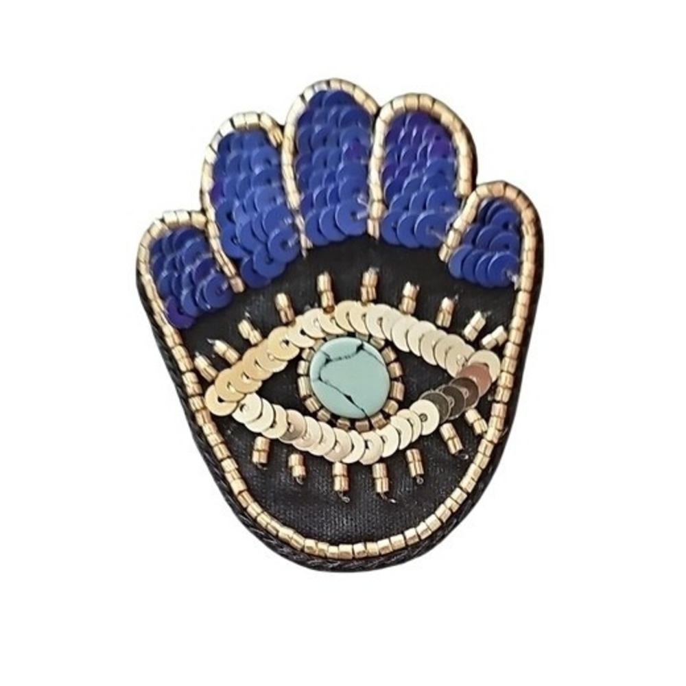 Express Hamsa Hand Evil Eye Brooch Pin Blue Gold Beaded Sequin Statement NWT